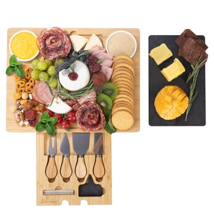 Bamboo Charcuterie Board Gift Set with Expandable Slate, Hidden Drawer, Lightweight, Modern, Natural Finish, Ideal for Cheese, Meats, and Snacks, Perfect for Gatherings or Gifting - size: 2 Grooves Charcuterie Board Set