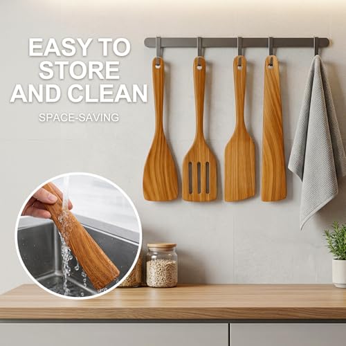 Non Toxic Wooden Cooking Utensils Set Flat Wood Spatula Spurtle Scraper | Acacia Spatula for Kitchen Use Slotted Turner Teak Utensil Cucharones De Cocina Wok Spatula Bamboo Non Stick Kitchen Utensils - color: 4 PCS SPATULA