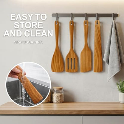 Non Toxic Wooden Cooking Utensils Set Flat Wood Spatula Spurtle Scraper | Acacia Spatula for Kitchen Use Slotted Turner Teak Utensil Cucharones De Cocina Wok Spatula Bamboo Non Stick Kitchen Utensils - color: 4 PCS SPATULA