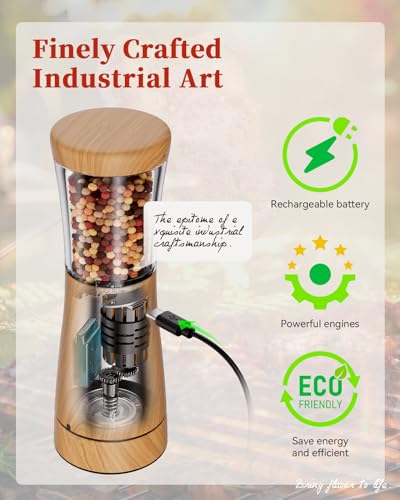 Electric Salt and Pepper Grinder Set with Storage Base, Stainless Steel Rechargeable Salt and Pepper Grinder Set with 4.5 oz Large Capacity, 1.8" Wide Mouth, Adjustable Coarseness, Ideal for Kitchen - color: Light Wood Grain