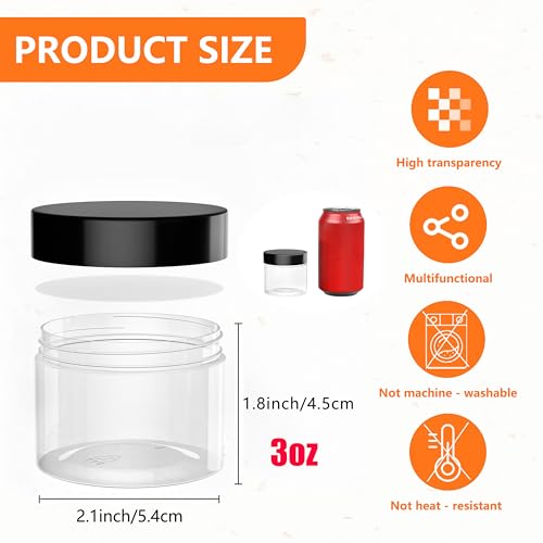 72PCS 3oz/88ml Plastic Jars with Screw On Lids Pressure Sensitive Seal,Clear Container for Storing Dry Food,Lotion, Makeup, Slime, Honey Jam, Cream, Butter,Black - color: Plastic-72Pack-Black