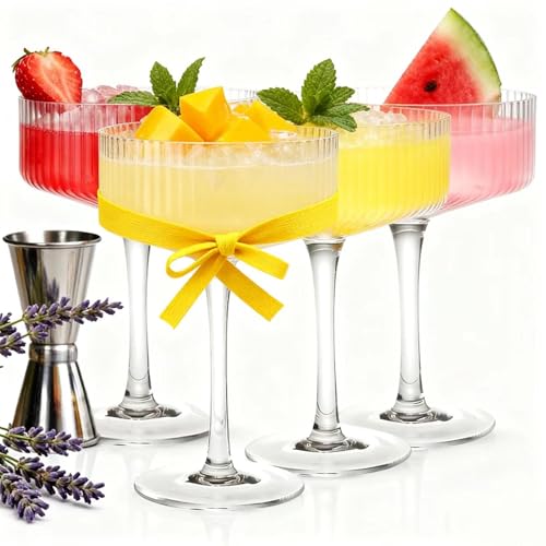 4 Pcs Ribbed Coupe Glasses, 10 oz Large Vintage Martini Glass Set, Unique Margarita Glass, Classic Cocktail Galssware, Ribbed Bar Drinking Glasses Set for Cocktail, Wine, Champagne, Espresso & Gift