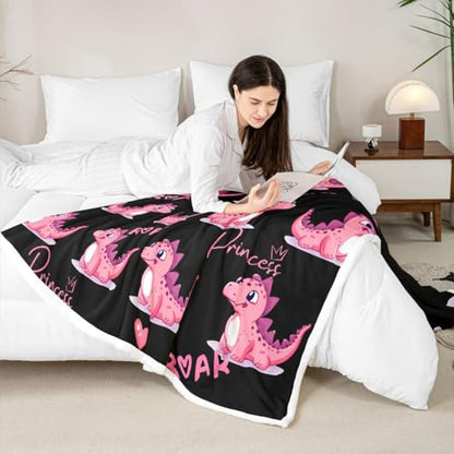 Girls Dinosaur Sherpa Blanket Kids Cute Pink Dino Throw Blanket Ultra Soft Jungle Animals Fleece Blanket for Couch Bed Children Toddler Heart Crown Princess Kawaii Plush Fuzzy BlanketThrow 50"x60" - color: Multi 17, size: Throw