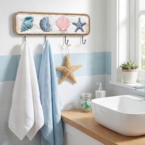 Coastal Beach Towel Hooks Nautical Coat Rack Wooden Seashell Wall Hooks with Screw Summer Ocean Theme Beach House Decor for Entryway Bathroom Hats Keys Towels - style: Beach