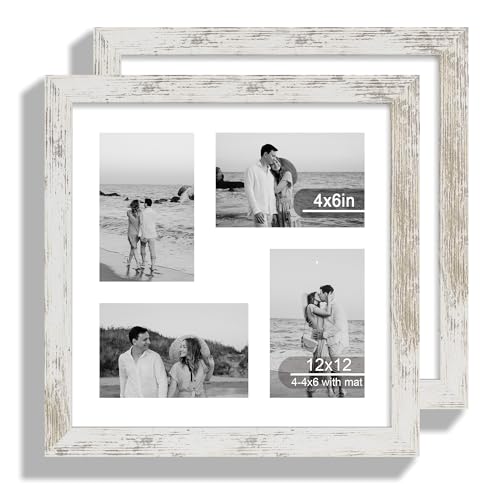 Hongkee 12x12 Picture Frame Set of 2, Distressed White Wood Frame with Glass Collage Frame, Display Pictures 4-4x6 With Mat or 12 x 12 Without Mat, Photo Frames Collage for Wall Hanging or Tabletop - color: Distressed White, size: 12x12 in matted to 4-4x6