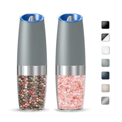 Battery Gravity Salt Pepper Grinder Set, 2 Pack (Light Grey) | Gravity Automatic Grinder With LED Light & Adjustable Roughness, Each Requires 6 AAA Batteries For Kitchen Daily Seasoning - color: Battery/Set/Light Grey