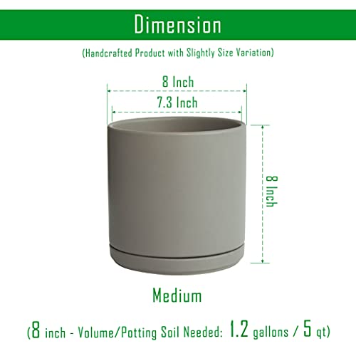 D'vine Dev 8 Inch Ceramic Planter Pot, Grey, 94-O-D-3 | Modern Cylinder Design, Drainage Hole & Saucer Included, Stable Structure, Elegant Home Accent - color: Gray, size: Medium