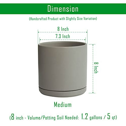 D'vine Dev 8 Inch Ceramic Planter Pot, Grey, 94-O-D-3 | Modern Cylinder Design, Drainage Hole & Saucer Included, Stable Structure, Elegant Home Accent - color: Gray, size: Medium