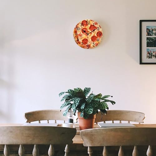 Wall Clock Pepperoni Cheese Pizza Round Rustic Wood Wall Clock Battery Operated Silent Funny Food Sausage Cheese Wood Clock 12 Inch Kitchen Dining Room Wooden Wall Clock Art Hanging Clocks - color: Pattern-1, size: 12 Inch