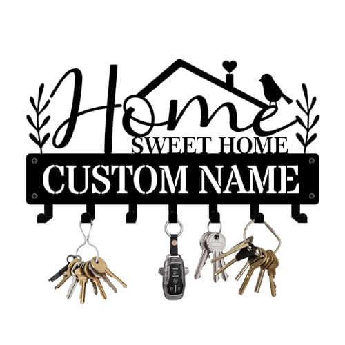 NIWAHO Home Sweet Home Custom Name Key Holder for Wall – Personalized Metal Key Rack with Hooks for Entryway, Mudroom, Office – Housewarming Gift - color: Home Sweet Home