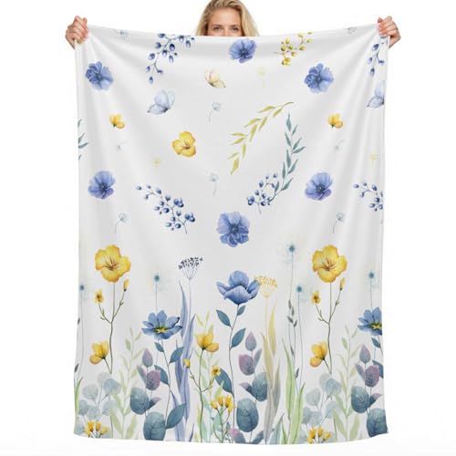 Blue Yellow Blanket Throw Spring Throw Blanket for Couch Watercolor Poppy Flowers Botanical Soft Cozy Decorative Flannel Blanket All Season for Home Bedding Decor 80 x 60 Inch - color: Blue Yellow Floral, size: 60"L x 80"W