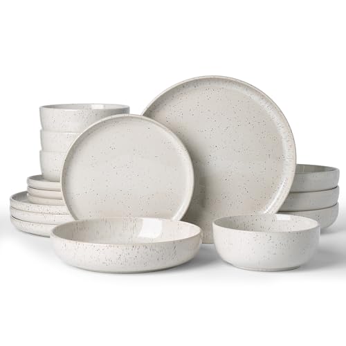 Famiware Meteor 16-Piece Stoneware Plates and Bowls, Creamy White | Dinnerware Set with Pasta Bowls for 4, Reactive Glaze Dish Set, Microwave & Dishwasher Safe, Chip & Scratch Resistant - color: Creamy White, size: Service for 4 (Include Pasta Bowls)
