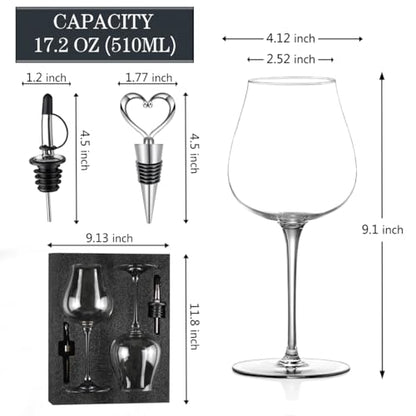 Wine Glasses Set of 2, 17.2 oz Hand Blown Clear Crystal Glass | Long Stem Red/White Wine Glasses with Stopper and Pourers, Unique Gift for Birthday, Wedding, Anniversary