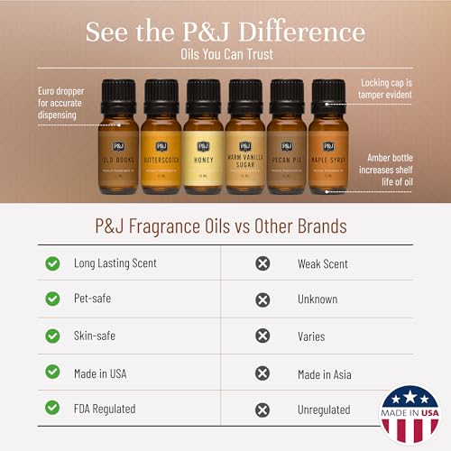 P&J Fragrance Oil Farmhouse Set | Old Books, Butterscotch, Honey, Warm Vanilla Sugar, Pecan Pie, Maple Syrup Candle Scents for Candle Making, Freshie Scents, Soap Making Supplies - size: 0.34 Fl Oz (Pack of 6)