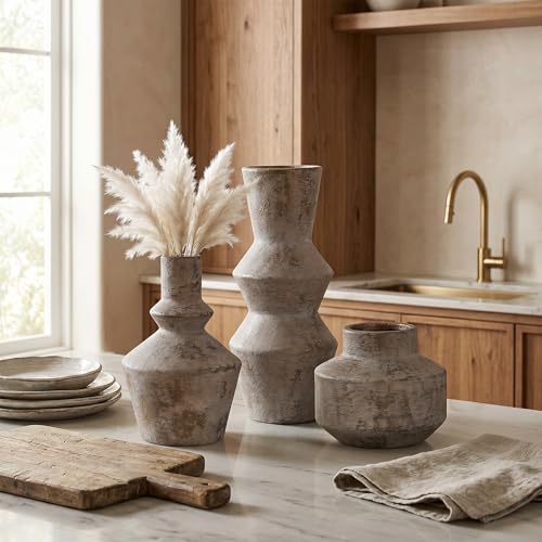 DREAMLOOM Modern Modern Ceramic Vase Set of 3, Classic | Funnel Shaped, Farmhouse Rustic, Pampas Grass, Home Decor, Living Room Bedroom Kitchen Shelf Centerpiece - color: Antique Bronze - Funnel-shaped