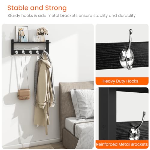 Wall Coat Rack With Shelf, Wood Entryway Hanger With Hooks, Small Floating Pegs for Hanging Coats, Hats, Purses, Backpacks, Black - color: Black, size: 17.1 Inch Long