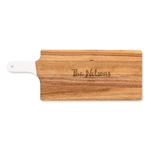 Weddingstar Personalized Wooden Cutting Board or Serving Board with White Handle 7.8" x 21"- Retro Script Etching - color: Retro Script, size: 21"L x 7.8"W