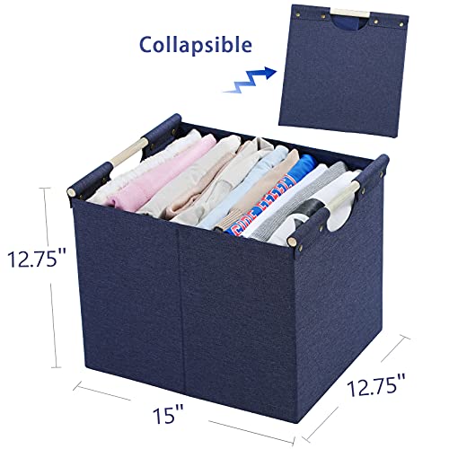 HOONEX Large Foldable Storage Bins, Linen Fabric, Pack of 2, Storage Baskets with Wooden Carry Handles and Sturdy Heavy Cardboard, for Home, Office, Car, Nursery, Blue - color: Blue