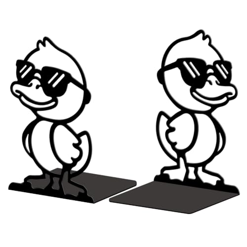 5.3"x4.3"x7.9" Metal Bookends, Heavy Duty Book Ends for Shelves | Cute Duck with Sunglasses Theme Cast Iron Book Supports, 1 Pair Decor Stoppers for Desk, Library, Office & Home Shelves - style: Cute Duck with Sunglasses