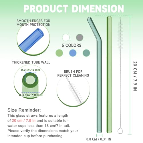 12 Pack Reusable Glass Straws Set, 7.9” x 8 mm Colorful Glass Straws, Includes 5 Straight & 5 Bent Glass Straw with 2 Cleaning Brush, Reusable Drinking Straw for Beverages, Coffee, Milk - color: Colorful - A - Straight+Bent