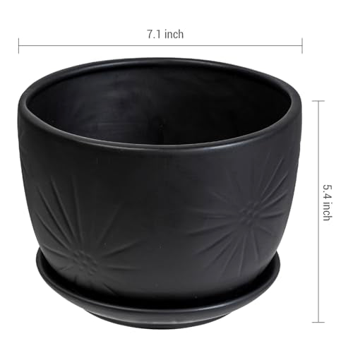 MyGift 7 Inch Black Ceramic Sunburst Planter Pot with Attached Saucer | Modern sunburst embossing adds texture and style to indoor greenery, while the drainage hole and attached saucer help protect - color: Matte Black