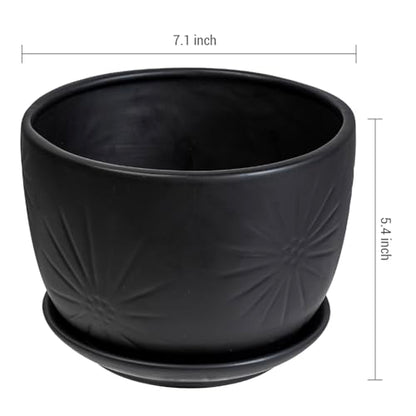 MyGift 7 Inch Black Ceramic Sunburst Planter Pot with Attached Saucer | Modern sunburst embossing adds texture and style to indoor greenery, while the drainage hole and attached saucer help protect - color: Matte Black