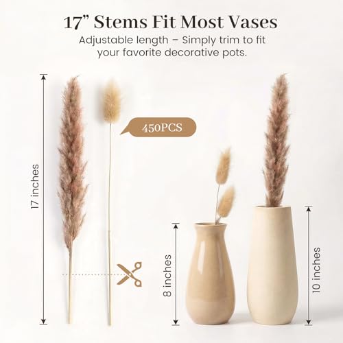 450PCS Natural Dried Pampas Grass Decor | Boho Farmhouse Wedding Centerpieces, Home Vase Fillers, Bunny Tails, Dried Flower Arrangement