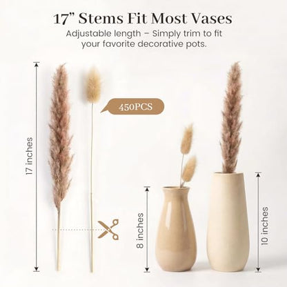 450PCS Natural Dried Pampas Grass Decor | Boho Farmhouse Wedding Centerpieces, Home Vase Fillers, Bunny Tails, Dried Flower Arrangement