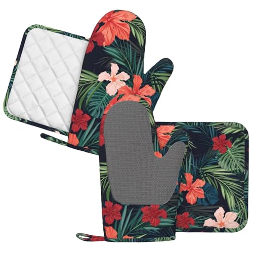 Tropic Hawaiian Hibiscus Flower Oven Mitts Pot Holders Set Silicone Heat Resistant Green Leaves Red Floral Oven Mitts and Hot Pads Potholders Non-Slip Oven Gloves for Cooking Baking Grilling - color: Red Green