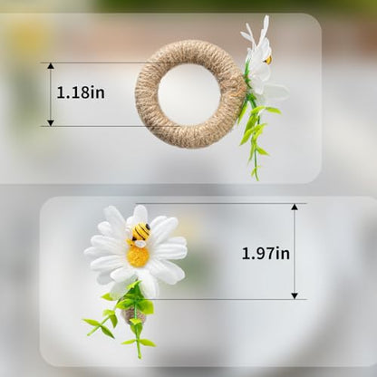 Bee and Daisy Napkin Rings, Set of 12 | White Flower Napkin Holders for Spring Parties, Weddings, Dinner Tables and Bee-Themed Table Decor