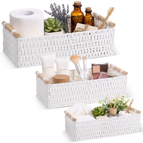 Boao 3 Pcs Boho Storage Wicker Baskets Handmade Woven Decorative Paper Rope Baskets for Organizing with Handle Countertop Toilet Paper Storage Container for Toilet Tank Top(White,Rectangle) - color: White, style: Rectangle