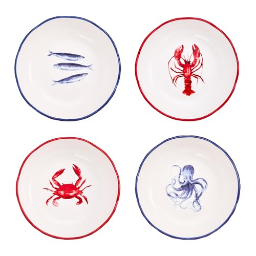 Bico Ocean Wonders Scalloped Pasta Bowls, 36oz Salad Bowl Set of 4, Large Ceramic Serving Dinner Bowls for Soup and Cereal, Microwave and Dishwasher Safe, Gift for Housewarming and Holiday - color: Ocean Creatures
