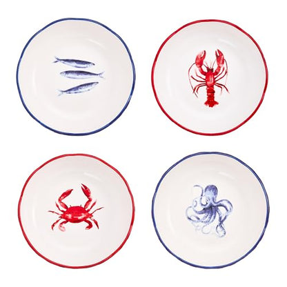 Bico Ocean Wonders Scalloped Pasta Bowls, 36oz Salad Bowl Set of 4, Large Ceramic Serving Dinner Bowls for Soup and Cereal, Microwave and Dishwasher Safe, Gift for Housewarming and Holiday - color: Ocean Creatures