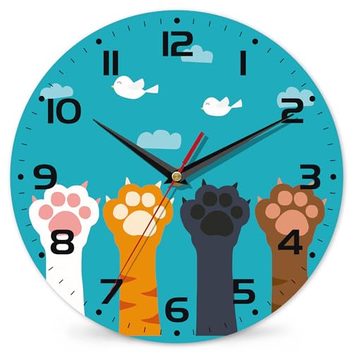 Cute Cat Paw Wall Clock - Vintage Wooden, Silent Non-Ticking, Battery Operated, Arabic Numerals - Decorative for Kitchen, Office, Classroom - 10 Inch - color: Cute Cat Paw