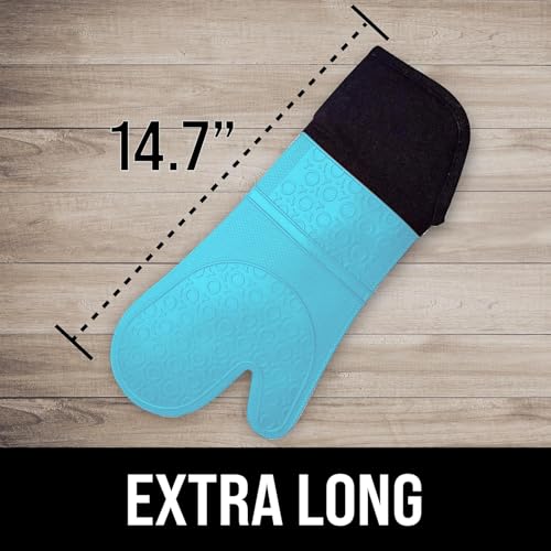 BPA-Free Soft Silicone Oven Mitts - Ultra Heat Resistant Oven Mitts with Thick Cotton Liner - Extra Long Slip Resistant Pot Holders, Flexible Oven Gloves - Aqua/Black 14.7" - color: Aqua, size: 2-Piece 14.7" Oven Mitts
