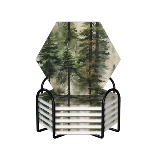 Mountain Green Forest Misty Pine Tree Drinks Coasters Absorbent Stone with Holder Set of 6, Nature Landscape Foggy Woodland Scene Hexagon Ceramic Coaster for Coffee Table Protection (Hexagonal) - color: Foggy Mountain Tree Forest, size: Hexagon