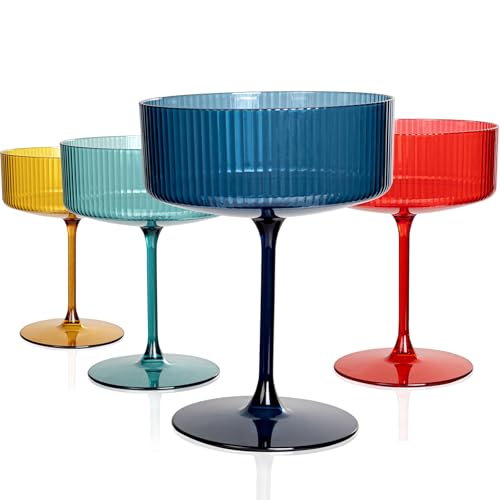 Ciaell 12 Pack Colored Plastic Martini Glasses for Bars Parties | 10 oz Colored Ribbed Coupe Cups, Heavy Duty Plastic, Cocktails Whiskey Margaritas Wine for Weddings Outdoor Birthdays - color: Colored