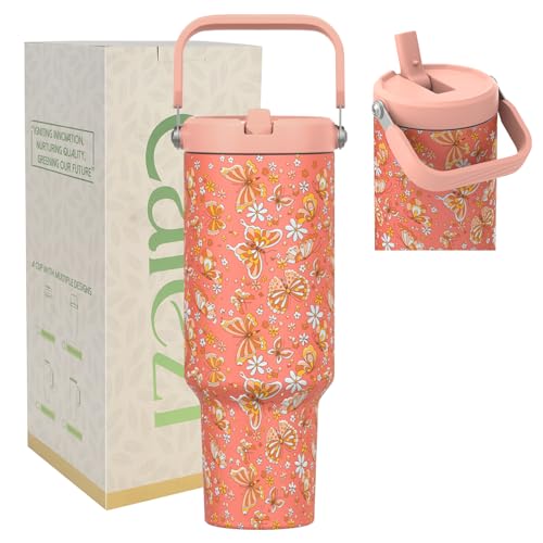 40 oz Insulated Tumbler with Top Handle and Flip Straw | Vacuum Insulated Stainless Steel Cup with Leak-Proof Lid, Sweat-Free, Fits Cup Holder, Keeps Ice Cold up to 30 Hours - color: Butterfly-Coral Orange, size: 40 Ounces