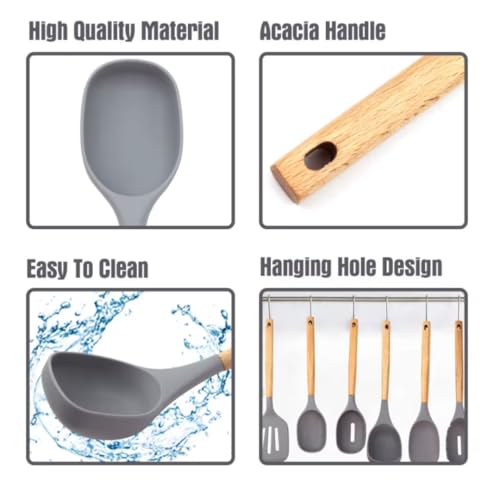 Premium Silicone Kitchen Utensil Set – 7-Piece Cooking Tools with Acacia Wood Handles and Bamboo Holder, Non-Stick, Heat Resistant, BPA-Free, Elegant Kitchen Gift (Grey -7pcs) - color: Gray