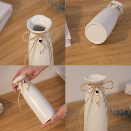 8 Inch Ceramic Vase with Jute Rope & Heart Charm, Elegant White Decorative Vase for Home Décor & Table Centerpieces - style: Slim