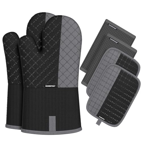 Oven Mitts and Pot Holders Sets 6pcs, Kitchen Oven Glove,High Heat Resistant 550 Degree Extra Long Oven Mitts and Potholders with Non-Slip Silicone Surface for Home Essentials (Grey) (Matte Black) - color: Black