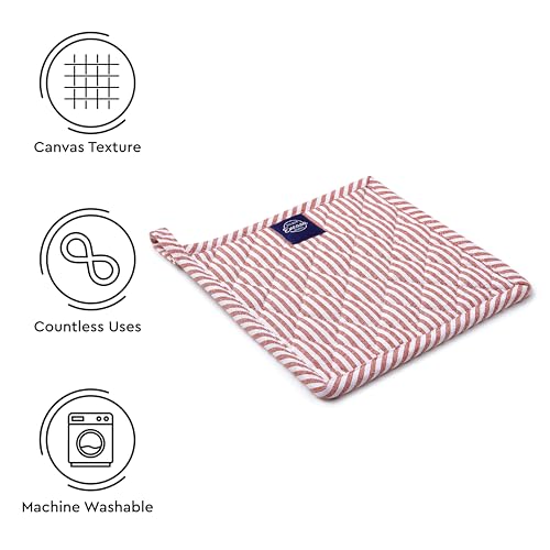 Encasa XO Pot Holders, Quilted Kitchen Hot Pads 8"x8" Ticking Red | 100% Eco-Friendly Cotton | Thick Cotton Padding Insulation | Convenient Hanging Loop | Set of 2 - color: Ticking Red
