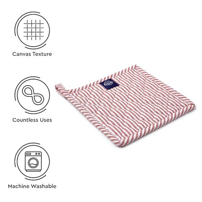 Encasa XO Pot Holders, Quilted Kitchen Hot Pads 8"x8" Ticking Red | 100% Eco-Friendly Cotton | Thick Cotton Padding Insulation | Convenient Hanging Loop | Set of 2 - color: Ticking Red