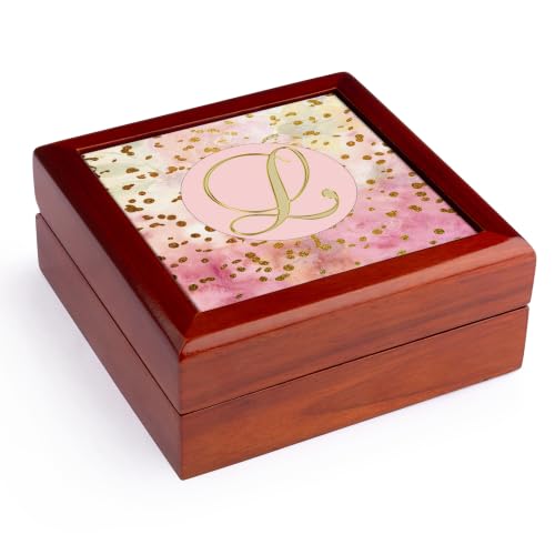 3dRose Image of L Script Letter On Pink With Glittery Gold Swirls Jewelry Box 7 x 7 inch with 4 inch tile