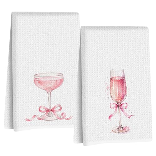 2 Pcs Pink Bow Champagne Kitchen Towels, Coquette Pink Reusable Dish Towels | Waffle Weave Hand Cloth Tea Towel for Kitchen Bathroom Home Decor, Alcohol Lover Gifts for Women Mom Friend 24x14 Inch - color: Multi 1719