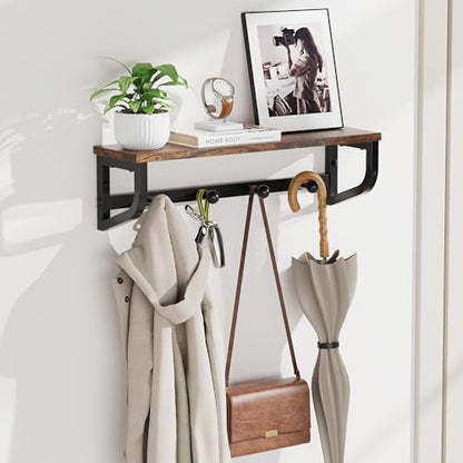 Coat Rack Wall Mount, Wood Wall Shelf with Hooks, Coat Hanger Wall Mount with 4 Metal Hooks, Wall Mounted Coat Rack Organizer for Entryway, Bedroom, Living Room, Room Decor, Brown - size: 16.9 inch-1 pack