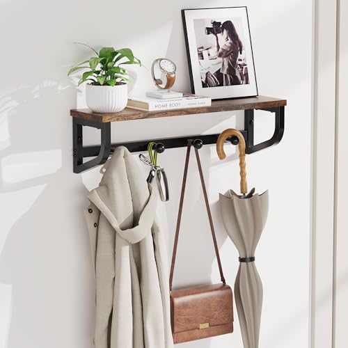 Coat Rack Wall Mount, Wood Wall Shelf with Hooks, Coat Hanger Wall Mount with 4 Metal Hooks, Wall Mounted Coat Rack Organizer for Entryway, Bedroom, Living Room, Room Decor, Brown - size: 16.9 inch-1 pack