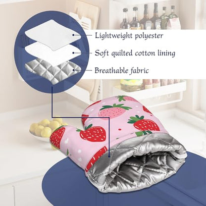 Pink Cute Strawberry Potholders & Oven Mitts Sets Summer Fruits Silicone Heat Resistant Oven Mits and Hot Pads Non-Slip Pot Holders Gloves for Kitchen Chef Cooking Baking Grilling BBQ - color: Pink Cute Strawberry,summer Fruits