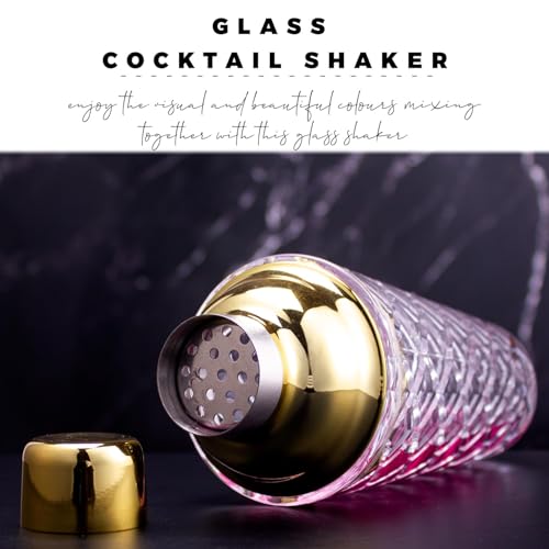 Clear Glass Cocktail Shaker Set 14.2 oz with Gold Lid | Clear glass body with gold lid, 14.2 oz size, jigger, bar spoon, built-in strainer, silicone seal for home cocktails. - color: Gold Set