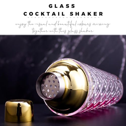 Clear Glass Cocktail Shaker Set 14.2 oz with Gold Lid | Clear glass body with gold lid, 14.2 oz size, jigger, bar spoon, built-in strainer, silicone seal for home cocktails. - color: Gold Set